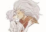  1boy 1girl blush breasts brother_and_sister brown_scarf cropped_shoulders dark_souls_(series) dark_souls_i dark_souls_iii dark_sun_gwyndolin detached_sleeves dress facing_another genderswap genderswap_(mtf) grey_dress grey_hair highres incest kiss large_breasts long_hair looking_at_another nameless_king parted_bangs profile scarf short_hair siblings simple_background sweat white_background zunkome 