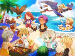  3girls 6+boys alcohol anger_vein bedivere_(fate) beer beer_mug bird blonde_hair chibi chicken cooking crab cup dog fate/grand_order fate_(series) food fruit gareth_(fate) gareth_(swimsuit_saber)_(fate) gawain_(fate) glowing_arm grey_hair grill grilling hmr_alter7 innertube lancelot_(fate/grand_order) male_swimwear merlin_(camelot_&amp;_co)_(fate) merlin_(fate) mordred_(fate) mordred_(swimsuit_rider)_(fate) mordred_(swimsuit_rider)_(first_ascension)_(fate) mug multiple_boys multiple_girls percival_(granblue_fantasy) purple_hair ramune red_hair rooster shark_soldier skewer suikawari sunglasses surfboard surfing swim_trunks tristan_(fate) watermelon 