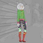  absurd_res anthro ashantihyena boots canadian_lynx clothing ears_aside eyeshadow facial_piercing felid feline female footwear ghetto hi_res hoodie illumination_entertainment lynx makeup mammal night nooshy_(sing) nose_piercing nose_ring piercing ring_piercing sing_(movie) solo topwear 