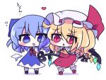  2girls ascot black_footwear blonde_hair blue_bow blue_dress blue_eyes blue_hair blush_stickers bow chibi cirno detached_wings dress flandre_scarlet full_body hair_bow hat hat_ribbon heart highres holding holding_polearm holding_weapon laevatein_(touhou) mary_janes melting mob_cap multicolored_wings multiple_girls neck_ribbon open_mouth pinafore_dress polearm puffy_short_sleeves puffy_sleeves red_eyes red_footwear red_ribbon red_skirt red_vest ribbon shin16 shirt shoes short_sleeves simple_background skirt skirt_set sleeveless sleeveless_dress socks touhou vest weapon white_background white_headwear white_shirt white_socks wings yellow_ascot 