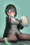  1girl absurdres alcohol allmind_(armored_core_6) armored_core armored_core_6 beer beer_mug black_gloves black_hair black_jacket black_pantyhose blush breasts cleavage collarbone collared_shirt commentary_request cup drunk ear_blush earrings ekrea_jan foam gloves green_eyes green_necktie grey_shirt hair_ornament hairpin highres jacket jewelry medium_breasts medium_hair miniskirt mug necktie necktie_removed on_floor open_clothes open_jacket pantyhose pencil_skirt personification shirt sitting skirt solo tears wariza wide_hips 