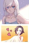  2girls artist_name bed_sheet black_hair blue_camisole blue_eyes blush camisole collarbone hair_over_one_eye heart kio_rojine light_rays long_hair multiple_girls open_mouth polka_dot polka_dot_background red_tank_top ruby_rose rwby scar scar_across_eye sheet_grab short_hair split_screen sweatdrop swept_bangs tank_top under_covers weiss_schnee white_hair 