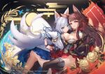  2girls akagi_(azur_lane) animal_ears ass azur_lane black_gloves black_hair black_thighhighs blue_eyes blue_skirt breasts cleavage closed_mouth flower fox_ears fox_girl fox_tail gloves hand_on_own_hip japanese_clothes kaga_(azur_lane) large_breasts looking_at_another looking_at_viewer multicolored_hair multiple_girls no_panties official_art parted_lips red_eyes red_hair red_skirt skirt smile streaked_hair t-track tail thighhighs white_hair 