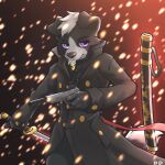  1:1 2022 anthro black_body black_fur border_collie canid canine canis clothed clothing coat collie ddgio domestic_dog floppy_ears fully_clothed fur gun head_tuft herding_dog hi_res holding_gun holding_object holding_sword holding_weapon light lighting looking_at_viewer male mammal melee_weapon pastoral_dog purple_eyes ranged_weapon sheepdog solo sword topwear tuft weapon white_body white_fur 