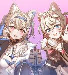 2girls ahoge animal_ear_fluff animal_ears bandaid_hair_ornament black_collar black_jacket blue_eyes blush bow_(bhp) breasts cleavage collar dog_ears dog_girl fuwawa_abyssgard hair_ornament hairclip hololive hololive_english jacket long_sleeves medium_breasts medium_hair microphone mococo_abyssgard multiple_girls open_mouth pink_background polka_dot polka_dot_background red_eyes siblings sisters smile twins virtual_youtuber 