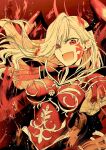  1girl armor black_horns blonde_hair dragon_horns facial_mark fate/grand_order fate_(series) horns long_hair long_horns looking_at_viewer nero_claudius_(fate) pointy_ears queen_draco_(fate) queen_draco_(third_ascension)_(fate) rakuji_tarahi red_eyes shoulder_plates smile solo upper_body wavy_hair 