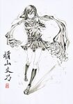  1girl adjusting_scarf character_name closed_mouth commentary enpera floating_scarf fringe_trim full_body greyscale hair_between_eyes hair_ornament hairclip ink_(medium) ink_wash_painting jidao_huashi kagerou_project kneehighs leg_up legs_apart long_hair long_legs long_scarf looking_at_viewer monochrome neckerchief pleated_skirt sailor_collar scarf school_uniform seal_impression seal_script serafuku simple_background skirt smile socks solo spot_color standing standing_on_one_leg tateyama_ayano traditional_media 