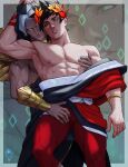  2boys abs bara black_hair black_sclera colored_sclera couple fox_bravo greek_clothes green_eyes grey_hair hades_(series) hades_1 heterochromia highres hood hood_up large_pectorals leggings looking_at_another male_focus multiple_boys muscular muscular_male nipple_tweak nipples pectorals red_eyes red_leggings short_hair thanatos_(hades) thick_thighs thighs yaoi yellow_eyes zagreus_(hades) 