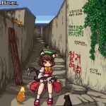  1girl alley animal_ears animal_on_lap blue_sky bow bowtie brown_eyes brown_hair cat cat_ears cat_girl cat_on_lap cat_tail character_name chen cityscape commentary english_commentary full_body green_headwear greenapple_(g_apple0511) hat juliet_sleeves knees_up korean_text long_sleeves mob_cap multiple_tails nekomata on_lap outdoors pixel_art plank plant puffy_sleeves red_footwear short_hair signature sitting sky socks tail touhou translation_request two_tails white_socks yellow_bow yellow_bowtie 