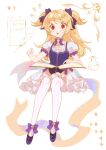  absurdres aged_down blonde_hair book bow bowtie dress fischl_(ein_immernachtstraum)_(genshin_impact) fischl_(genshin_impact) frilled_dress frills genshin_impact highres long_hair official_alternate_eye_color open_book open_mouth pantyhose peachuu puffy_sleeves purple_bow purple_bowtie purple_dress purple_ribbon reading red_eyes ribbon short_sleeves sitting solo two_side_up white_dress white_pantyhose 