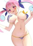 1girl angelchama bikini blue_hair blush braid breasts cowboy_shot from_below hair_ribbon highres hololive large_breasts minato_aqua multicolored_hair navel pink_eyes pink_hair ribbon solo striped striped_bikini swimsuit torn_clothes virtual_youtuber white_background 