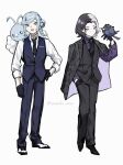  2boys amethio_(pokemon) black_gloves black_necktie collared_shirt commentary gloves grusha_(pokemon) hand_in_pocket hand_up highres jacket long_sleeves male_focus multiple_boys necktie on_shoulder pants pokemon pokemon_(anime) pokemon_(creature) pokemon_(game) pokemon_horizons pokemon_on_shoulder pokemon_sv rookidee sameniku_umai shirt shoes simple_background standing swablu symbol-only_commentary twitter_username vest watermark white_background white_shirt 