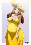  1girl absurdres artist_name bleach border breasts brown_border brown_eyes brown_hair collarbone dress english_commentary hat highres inoue_orihime large_breasts long_hair looking_at_viewer mixed-language_commentary pregnant sado_art smile solo straw_hat sundress wide_hips yellow_dress 