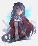  1girl blue_hair bow dated eiyuu_densetsu hair_bow hand_on_own_hip jacket laura_s._arseid long_hair looking_at_viewer portrait saymel679 sen_no_kiseki skirt smile solo thors_military_academy_class_vii_uniform twitter_username yellow_eyes 