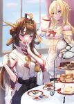  2girls absurdres ahoge black_skirt blonde_hair blue_eyes braid brown_hair cake corset crown cup detached_sleeves double_bun dress flower food french_braid hair_bun hairband headgear highres jewelry kantai_collection kongou_(kancolle) kongou_kai_ni_(kancolle) long_hair long_sleeves mini_crown multiple_girls necklace nontraditional_miko off-shoulder_dress off_shoulder panda_(heart_sink) popped_collar purple_eyes red_flower red_ribbon red_rose ribbon ribbon-trimmed_sleeves ribbon_trim rose saucer sitting skirt spoon teacup teapot thighhighs tiered_tray warspite_(kancolle) white_dress window 