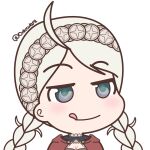  1girl ahoge blue_eyes braid breasts cleavage fire_emblem fire_emblem_fates hairband licking_lips looking_to_the_side low_twin_braids nina_(fire_emblem) orbiculare parted_bangs portrait solo tongue tongue_out twin_braids white_hairband 