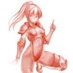  1girl arm_guards armor boobplate breasts cleavage closed_mouth hand_up index_finger_raised long_hair medium_breasts midriff minamoto80486 monochrome navel ponytail red_theme shoulder_armor simple_background smile solo thighhighs thighs tiptoes white_background wizardry 