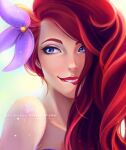  absurdres ariel_(disney) biting blue_eyes deviantart_sample flower hair_flower hair_ornament highres image_sample lip_biting long_hair looking_to_the_side olchas portrait purple_flower red_hair red_lips teeth the_little_mermaid watermark web_address 