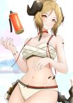  1girl arknights bare_arms bare_shoulders bikini blonde_hair breasts choker commentary_request cowboy_shot head_tilt horns ifrit_(arknights) ifrit_(sunburn)_(arknights) looking_at_viewer medium_breasts navel orange_choker orange_eyes oripathy_lesion_(arknights) short_hair smile solo sora_mame_(princess_0sora) standing stomach swimsuit tail white_bikini 