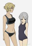  2girls :t arms_behind_back artist_name ass_visible_through_thighs bikini blonde_hair blunt_bangs blush brave_witches breasts cleavage closed_mouth collarbone contrapposto cowboy_shot edytha_rossmann grey_background grey_hair groin groin_tendon hair_between_eyes highres long_hair looking_to_the_side medium_breasts monokuro_graf multiple_girls navel school_swimsuit short_hair small_breasts smile swimsuit waltrud_krupinski white_background world_witches_series yellow_eyes 