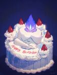  arc_draws cake candle closed_eyes closed_mouth fire flame food fruit happy_birthday highres holding icing litwick mixed-language_commentary no_humans pastry_bag pokemon pokemon_(creature) purple_fire smile solo strawberry 