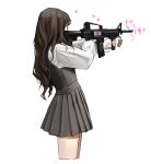  1girl black_dress black_hair cowboy_shot dress from_side gun heart highres holding holding_gun holding_weapon long_hair long_sleeves original pleated_dress rinotuna shirt simple_background solo weapon white_background white_shirt 