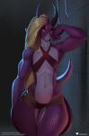  anthro blonde_hair bottomwear clothing doomthewolf dragon hair hi_res purple_body purple_scales scales scalie shorts solo thick_thighs 