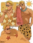  1boy abs absurdres aqua_nails banana bara beach_towel blonde_hair buried cowboy_shot cropped_torso dark-skinned_male dark_skin dilfborne_(ventiskull) eating eyepatch flying_sweatdrops food fruit hand_on_own_hip hawaiian_shirt heart heart-shaped_eyewear highres holding holding_food holding_popsicle jewelry jujutsu_kaisen looking_down male_focus male_swimwear mature_male multiple_views muscular muscular_male nanami_kento navel navel_hair necklace nipples nose_bubble pectoral_cleavage pectorals pink_towel popsicle sand shell shell_necklace shirt sleeping starfish sun sunglasses sweatdrop swim_trunks topless_male towel white_background yellow_male_swimwear yellow_shirt zzz 