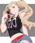  1girl absurdres bare_arms belt black_tank_top blonde_hair blue_eyes commentary commentary_request grey_background grin hair_ornament hairclip highres holding holding_eyewear midriff navel persona persona_5 red_belt smile solo sunglasses takamaki_anne tank_top twintails umenituru 