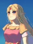  1girl blonde_hair blue_background blue_eyes blunt_bangs blush breasts collarbone earrings forehead_jewel hair_ornament highres jewelry large_breasts long_hair neosilleosil pointy_ears princess_zelda short_sleeves shoulder_plates smile the_legend_of_zelda the_legend_of_zelda:_ocarina_of_time triforce triforce_earrings upper_body 