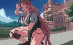  1girl 3735geriragouki arm_up bare_legs beret blue_eyes blurry blurry_background breasts cleavage commentary_request day foot_out_of_frame hat hat_ornament highres holding holding_watering_can hong_meiling large_breasts long_hair no_socks on_one_knee outdoors puffy_short_sleeves puffy_sleeves red_hair scarlet_devil_mansion short_sleeves solo star_(symbol) star_hat_ornament sweat touhou very_long_hair watering_can 
