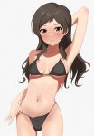  1girl absurdres arm_up armpits bikini black_bikini blush breasts breasts_apart brown_hair collarbone full-face_blush highres idolmaster idolmaster_million_live! kitazawa_shiho long_hair looking_at_viewer medium_breasts navel oscar_08 simple_background solo string_bikini swimsuit wavy_hair white_background 