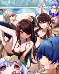  6+girls absurdres beach beidou_(genshin_impact) bikini blue_hair breasts brown_hair dondobi double_v drinking_straw earrings eyepatch food ganyu_(genshin_impact) genshin_impact grey_hair highres horns hu_tao_(genshin_impact) jewelry large_breasts multiple_girls ningguang_(genshin_impact) one_eye_closed purple_eyes purple_hair qiqi_(genshin_impact) red_eyes sarong shenhe_(genshin_impact) small_breasts smile swimsuit tongue tongue_out v xiangling_(genshin_impact) yellow_eyes 