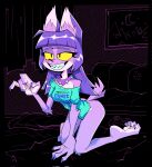  2023 4_toes anthro bedroom_eyes bottomless bottomless_anthro bottomless_female canid canine claws clothed clothing collar feet female finger_claws fur grin hair herny hi_res mammal narrowed_eyes purple_body purple_fur purple_hair seductive sharp_teeth smile solo spiked_collar spikes teeth toe_claws toe_scrunch toes vivian_varker_(herny) were werecanid werecanine werewolf yellow_sclera 