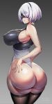  1girl 2b_(nier:automata) amamiya_(abaros) ass ass_focus black_hairband black_thighhighs blindfold breasts commentary_request covered_nipples cropped gradient_background grey_background hairband hand_on_own_ass highleg highleg_leotard highres huge_ass large_breasts leotard lips mole mole_under_mouth nier nier:automata nier_(series) parted_lips short_hair simple_background skindentation sweat thick_thighs thighhighs thighs twitter_username wedgie wet white_hair wide_hips 