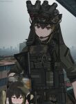  ammunition_pouch assault_rifle black_hair blush brown_eyes cellphone closed_mouth combat_helmet dgkamikaze girls&#039;_frontline gun hair_between_eyes helmet highres holding holding_gun holding_weapon implied_fellatio long_hair looking_at_viewer m4_carbine m4a1_(girls&#039;_frontline) multicolored_hair optical_sight phone pouch rifle smartphone standing streaked_hair tactical_clothes upper_body weapon 
