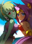  2girls armlet arms_behind_back blue_eyes breast_press breasts breasts_squeezed_together closed_mouth colored_skin dark_skin day earrings english_commentary from_behind green_hair green_skin hairband highres jaibus jewelry large_breasts long_hair medium_breasts multiple_girls ocean parted_lips ponytail purple_hair purple_tank_top red_tube_top rottytops shantae shantae_(series) shorts single_hair_ring skull_earrings sky smile strapless tank_top teeth tiara tube_top very_long_hair yellow_hairband 