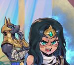  1boy 1girl angry armor bandaged_arm bandages bare_shoulders bespectacled black_hair blue_background dark_skin fang fire flame furry furry_male gem glasses gold_armor green_eyes hair_ornament hand_up league_of_legends long_hair looking_up muscular muscular_male nasus phantom_ix_row sivir teeth thinking tongue 