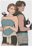  1boy 1girl blue_eyes bob_cut brown_hair carlos_oliveira commentary_request dark_skin jill_valentine miniskirt resident_evil resident_evil_3:_nemesis sardine_(kjr0313) short_hair skirt strapless tube_top 