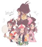  4girls alternate_color black_vest blue_eyes brown_hair candy cotton_candy dated diancie dress eating food grapploct hat high_ponytail highres hilda_(pokemon) hilda_(special_costume)_(pokemon) hilda_(summer_2022)_(pokemon) hilda_(sygna_suit)_(pokemon) hime_(himetya105) holding holding_candy holding_food japanese_clothes long_hair looking_at_viewer multiple_girls multiple_persona official_alternate_costume official_alternate_hairstyle one_eye_closed pink_dress pokemon pokemon_(creature) pokemon_(game) pokemon_bw pokemon_masters_ex ponytail serperior shiny_pokemon shirt sleeveless sleeveless_shirt vest victini white_background white_shirt 
