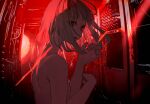  1girl absurdres back bare_shoulders bob_cut clenched_hands color_filter commentary door english_commentary from_side head_tilt highres indoors light_rays looking_at_viewer medium_hair nude original parted_bangs parted_lips portrait red_eyes sidelocks solo suikaaisu window 