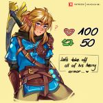  1boy absurdres akaihimi arm_guards belt blonde_hair blue_eyes bow_(weapon) champion&#039;s_tunic_(zelda) cloak cropped_legs earrings english_text highres jewelry like_and_retweet link master_sword meme pointy_ears strap sword the_legend_of_zelda the_legend_of_zelda:_tears_of_the_kingdom twitter_strip_game_(meme) weapon weapon_on_back 