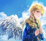  1girl bird blue_eyes blue_jacket cloud expressionless flat_chest flying greatwhite1122 gundam gundam_narrative hair_behind_ear head_tilt highres holding holding_jewelry holding_necklace jacket jewelry long_hair looking_ahead necklace rita_bernal sky solo wings 