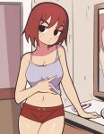  1girl absurdres bathroom black_eyes freckles frown grey_tank_top highres jeff_miga kim_pine looking_at_viewer midriff_peek mirror red_hair red_shorts scott_pilgrim_(series) short_hair short_shorts shorts solo tank_top toothpaste 