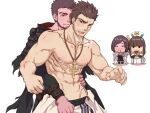  2boys 2girls abs arm_belt avenger_(dungeon_and_fighter) bara beard behind_another blush brown_hair character_request check_character chibi chibi_inset covering_mouth cross cross_necklace dungeon_and_fighter facial_hair feet_out_of_frame fujoshi grabbing grabbing_from_behind hand_on_another&#039;s_waist highres hood hood_down jewelry kulolin large_pectorals male_focus male_priest_(dungeon_and_fighter) mature_male multiple_boys multiple_girls muscular muscular_male navel necklace nipples pectorals priest priest_(dungeon_and_fighter) red_eyes saint_(dungeon_and_fighter) saliva seductive_smile short_hair shy sideburns smile standing stomach stubble textless_version thick_eyebrows undressing_another yaoi 