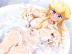  1girl bathing blonde_hair blue_eyes breasts completely_nude convenient_censoring from_above konpeto large_breasts long_hair looking_at_viewer mario_(series) navel nude partially_submerged princess_peach reaching reaching_towards_viewer sidelocks smile soap_bubbles soap_censor solo 