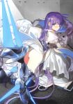  absurdres armored_boots ass blue_eyes blush boots crotch_plate fate/extra fate/extra_ccc fate/grand_order fate_(series) highres long_hair looking_at_viewer meltryllis_(fate) official_art prosthesis prosthetic_leg purple_hair wada_arco 