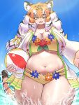  1girl :3 animal_ears ball beachball belly bikini breasts fangs flower hair_flower hair_ornament highres hood hoodie kemono_friends large_breasts long_hair mo23 multicolored_hair open_clothes open_hoodie open_mouth orange_hair plump siberian_tiger_(kemono_friends) smile solo swimsuit tail thick_thighs thighs tiger_ears tiger_girl tiger_stripes tiger_tail wading water wet white_hair yellow_bikini yellow_eyes 