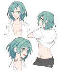  1girl akni aqua_hair bang_dream! clothes_lift green_eyes hikawa_hina lifted_by_self looking_at_viewer looking_back medium_hair musical_note profile shirt shirt_lift smile white_shirt 