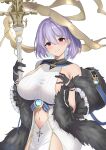  1girl absurdres azur_lane black_gloves blue_gemstone blush breasts clothing_cutout commentary_request cowboy_shot cross cross_earrings detached_sleeves dress earrings feather_boa gem gloves hair_between_eyes hand_on_own_chest highres holding holding_staff jewelry large_breasts looking_at_viewer lyon_(azur_lane) navel navel_cutout parted_lips purple_hair red_eyes short_hair sideboob sidelocks simple_background single_bare_shoulder sleeveless sleeveless_dress smile solo soul_(dp11) staff standing taut_clothes taut_dress textless_version white_background white_dress 